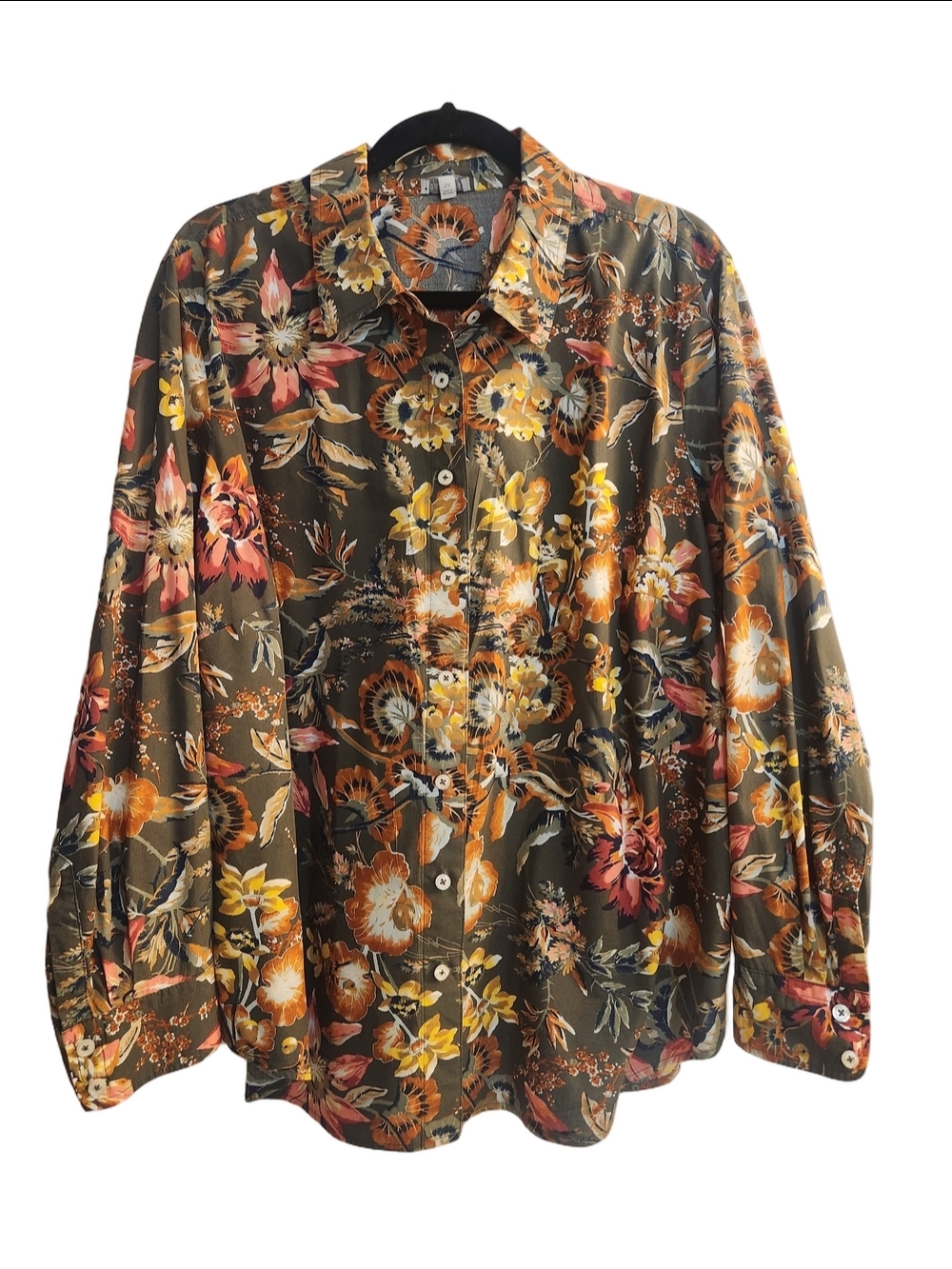Talbots Plus Size 2X Brown Orang Botanical Floral Long Sleeve Button-Down Blouse